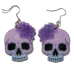 Purple Blue Gradient Skull Flower Earrings w/ hypoallergenic 925 silver